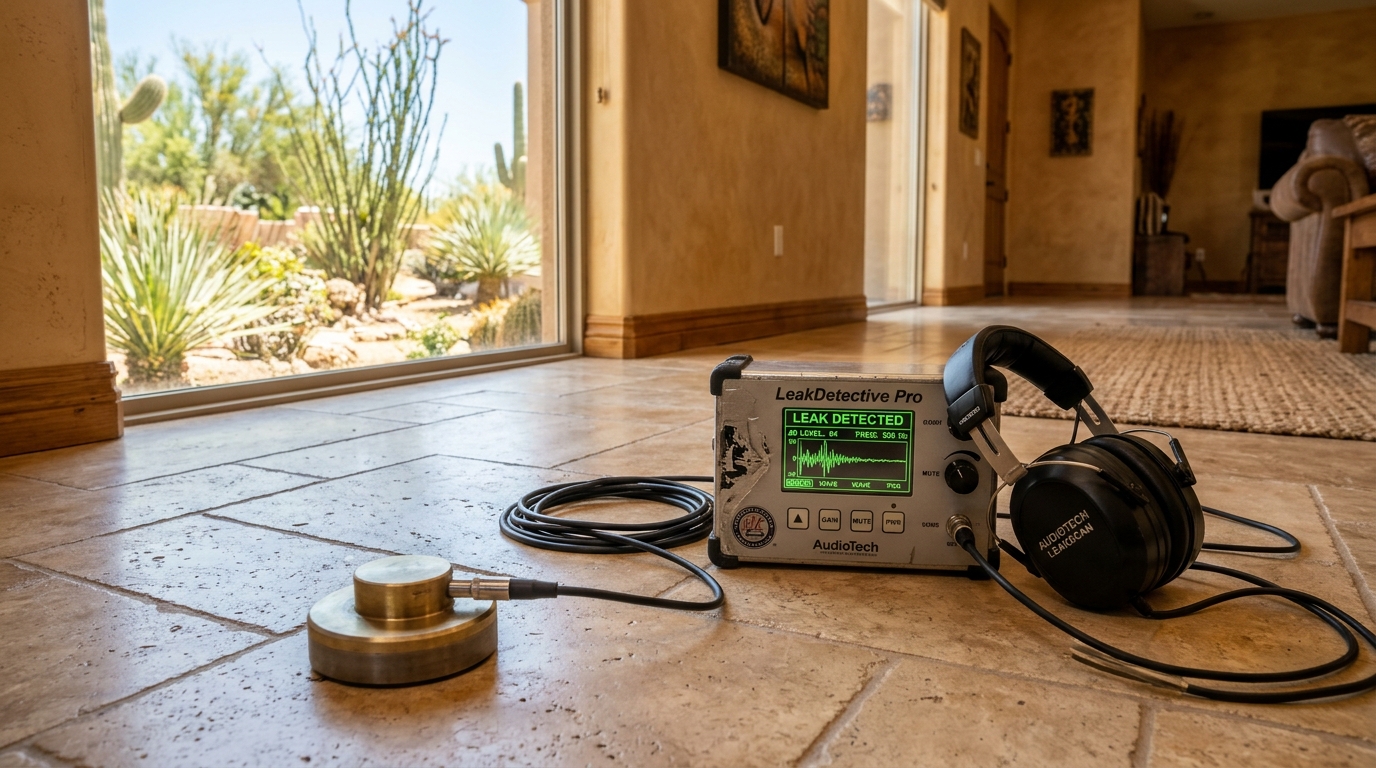 Electronic slab leak listening equipment on concrete slab