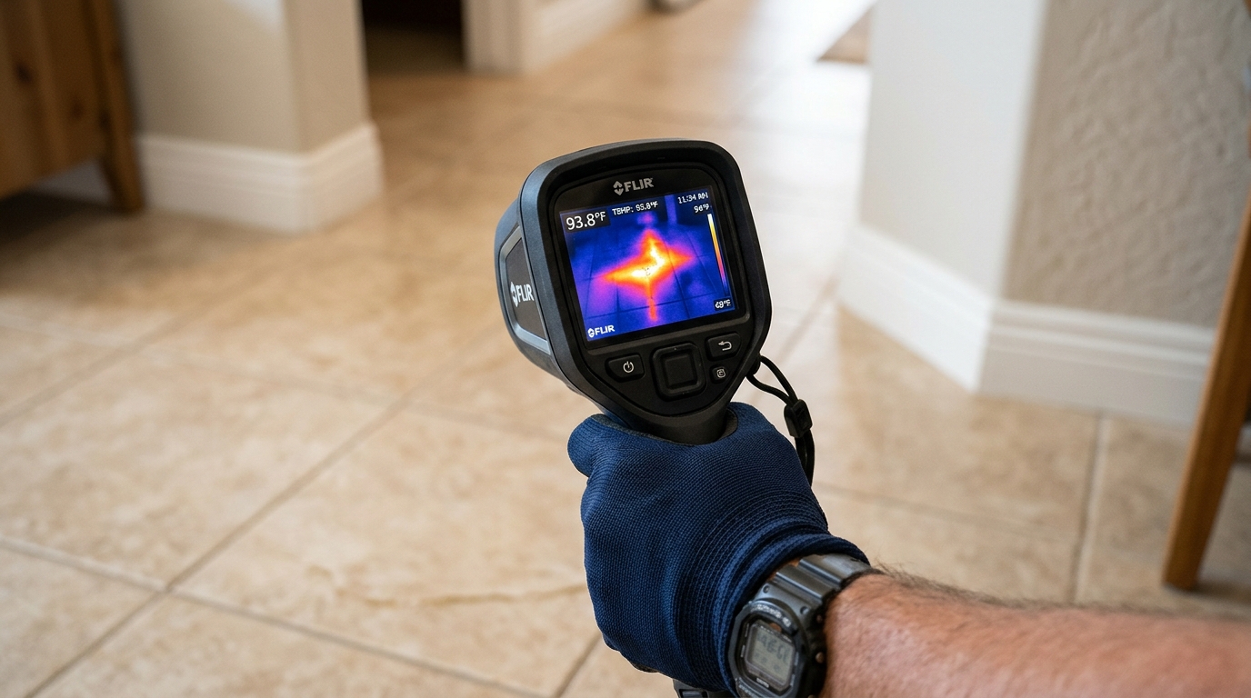 Thermal imaging scan showing subterranean heat bloom from a hot water slab leak in Yuma AZ