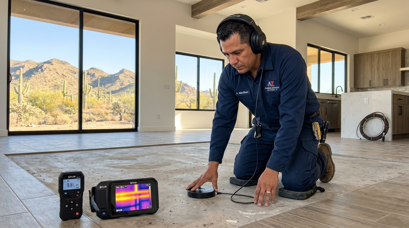 Acoustic slab leak detection equipment positioned on a tiled concrete slab floor in a Yuma home